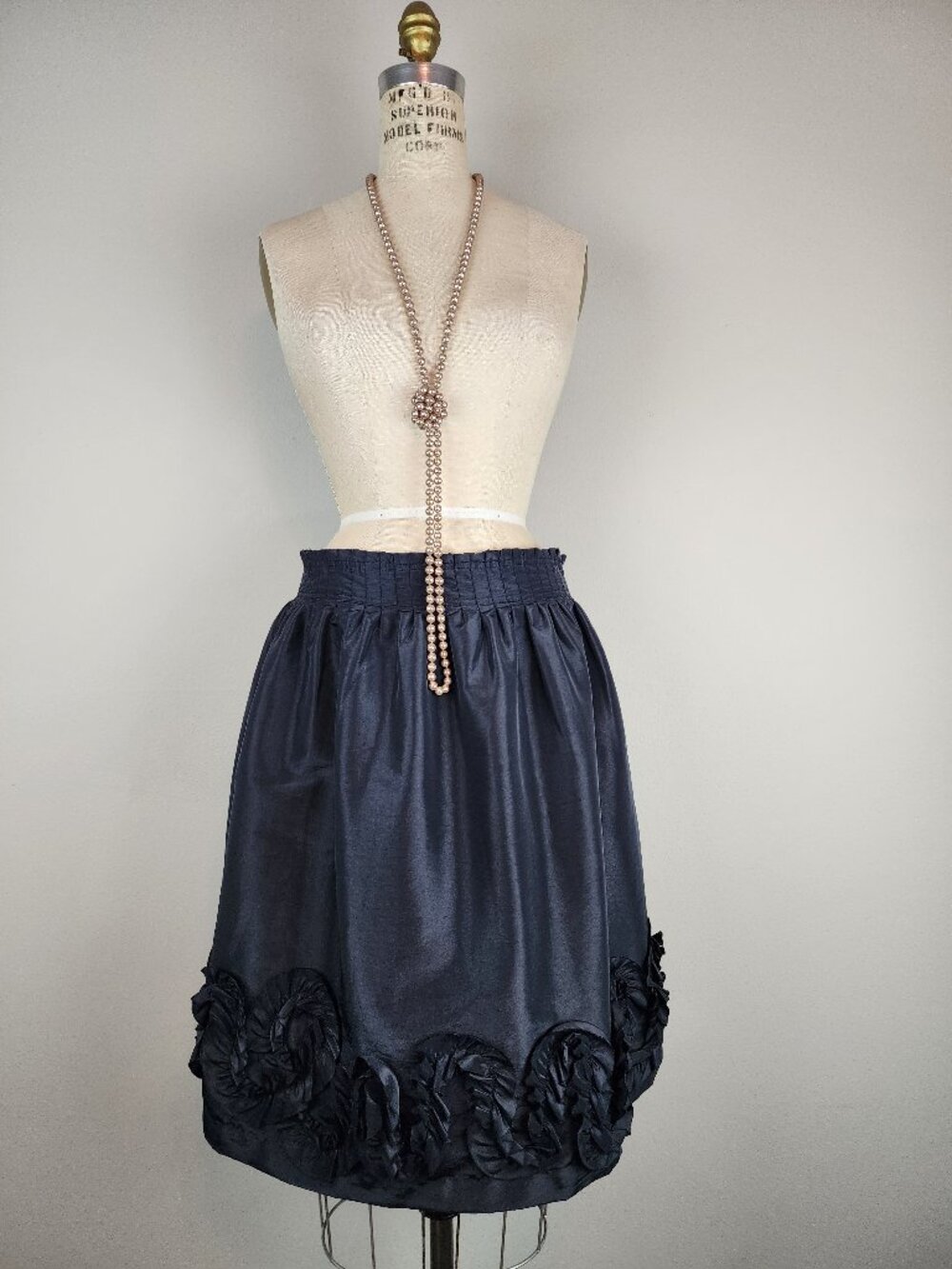 Structured A Line Black Silky Skirt with Sculptural Swirled Hem Detail * Size 6